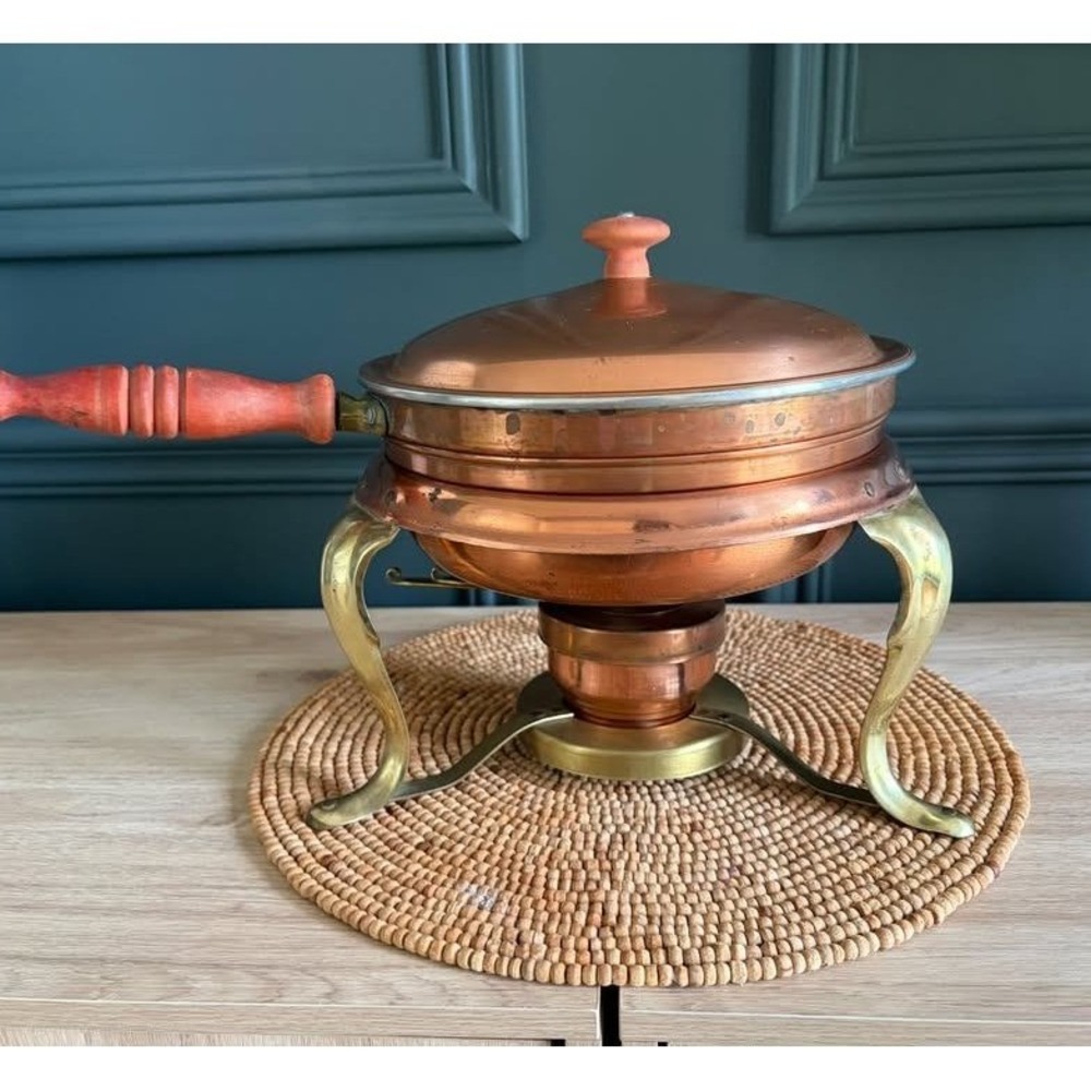 Vintage Copper and Brass Chafing Dish Fondue Set with Wood Handle and Burner